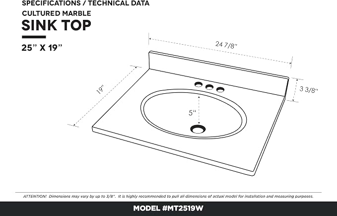 Cultured Marble Composite Bathroom Sink Top - Fits Standard 24” Vanity | Elegant and Durable Bathroom Sinks for Modern Homes - Upgrade Your Space - Perfect for Any Bathroom Design
