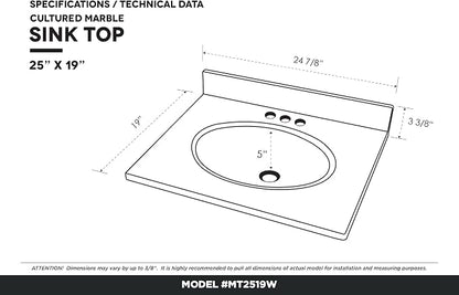 Cultured Marble Composite Bathroom Sink Top - Fits Standard 24” Vanity | Elegant and Durable Bathroom Sinks for Modern Homes - Upgrade Your Space - Perfect for Any Bathroom Design