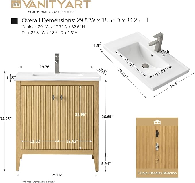 Vanity Art 30 inch Oak Bathroom Vanity with Single Sink & Ceramic Top, Vanity Cabinet with Soft-Closing Door, Solid Wood Frame, Linear Pattern, Natural Oak, VA9130-NO-MB,Matte Black Handles