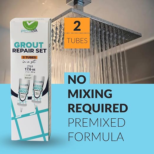 Premixed Tile Grout Repair- Biscuit Beige 2-Pack (17.6oz/500g) | Acrylic sanded formula, for bathroom shower kitchen tile, water-resistant, 24-hour cure, 58 sq ft, value 2-pack