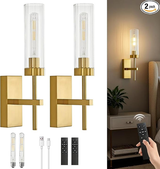 Gold Wireless Modern Battery Operated Wall Sconce Set of 2, Rechargeable Cordless Wall Lights with Remote, Dimmable Wall Lamp Decor for Bedroom Living Room Bathroom Hallway Entryway Stair