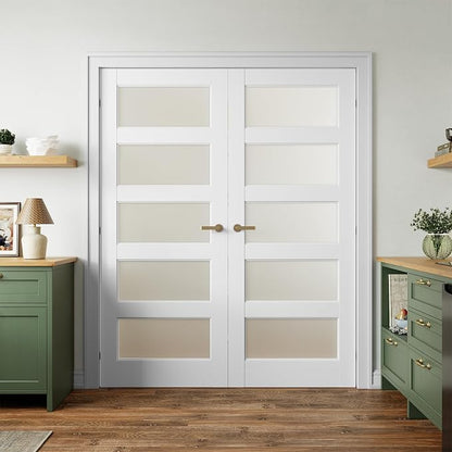 SMARTSTANDARD 60" x 80" Frosted Glass Pantry Door, Solid Core Slab Door | Pre-Assembled 5-Panel without Hardware, French Interior Door for Pantry Pocket, White Primed