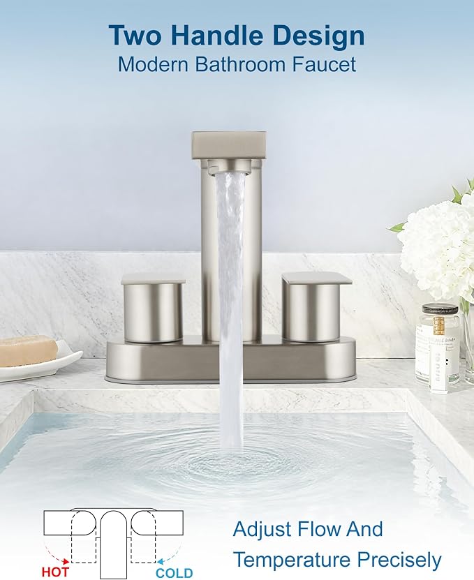 Brushed Nickel Bathroom Sink Faucet,4 Inch Centerset,Two Handle | Lead-Free SUS304 Stainless Steel 2 or 3-Hole Centerset Bathroom Faucet,Pop-Up Drain & cUPC Supply Lines for Vanity Sinks & RV