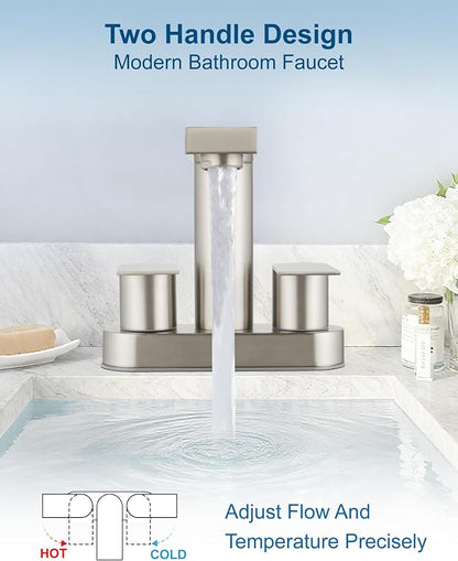 Brushed Nickel Bathroom Sink Faucet,4 Inch Centerset,Two Handle | Lead-Free SUS304 Stainless Steel 2 or 3-Hole Centerset Bathroom Faucet,Pop-Up Drain & cUPC Supply Lines for Vanity Sinks & RV