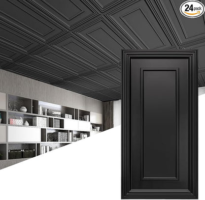 Art3d PVC Ceiling Tiles, 3D Plastic Sheet in Black, 2 × 4 ft, 24-Pack | Lightweight, Waterproof, No Sag and Breakage, Compatible with Grid System, Perfect for Basement, Kitchen