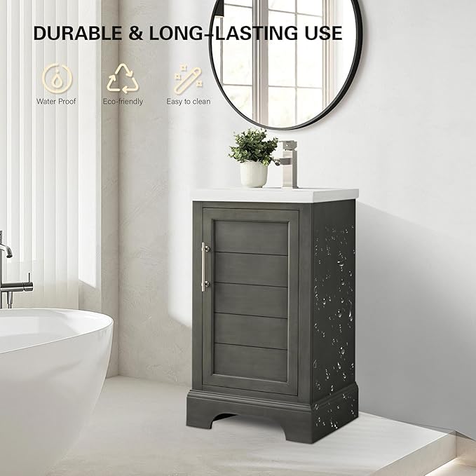 HOMEBEYOND 20 Inch Bathroom Vanity with Single Sink & Ceramic Top, Vanity Cabinet with Center Countertop Basin, Soft-Closing Doors, Sliver Grey