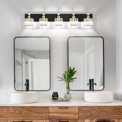 PRESDE Crystal 5 Light Bathroom Vanity Lights Modern Black and Gold Bathroom Lights Fixtures Over Mirror Modern Bath Wall Lighting