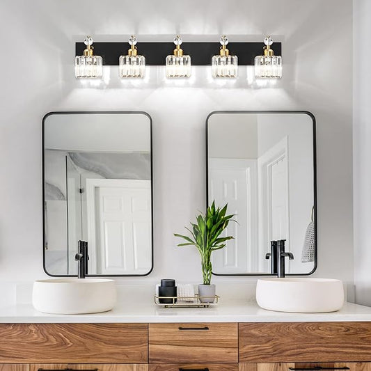 PRESDE Crystal 5 Light Bathroom Vanity Lights Modern Black and Gold Bathroom Lights Fixtures Over Mirror Modern Bath Wall Lighting