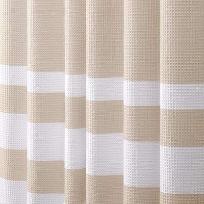 Long Waffle Shower Curtain Heavyweight Cotton Fabric Beige Stripe 72Wx84L | Soft Cotton Cloth,3D Square Truely Waffle Washable, Hotel Luxury Spa, Shower Curtain Set for Bathroom 12 Plastic Hooks