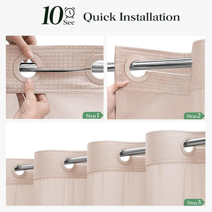 Blush Pink Hook Free Waffle Shower Curtain & Snap-in Liner,72x99 | Less Time to install, 3 in 1 Fabric Shower Curtain and Liner Set with Magnets, Extra Long, Shower Curtains for Bathroom