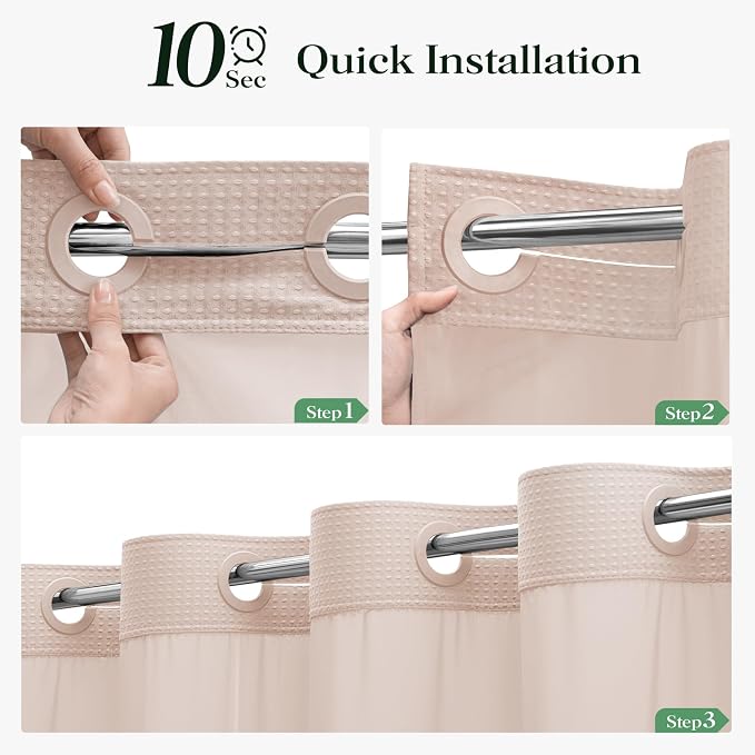 Blush Pink Hook Free Waffle Shower Curtain & Snap-in Liner,72x75 | Less Time to install, 3 in 1 Fabric Shower Curtain and Liner Set with Magnets, Mesh Top Window, Shower Curtains for Bathroom
