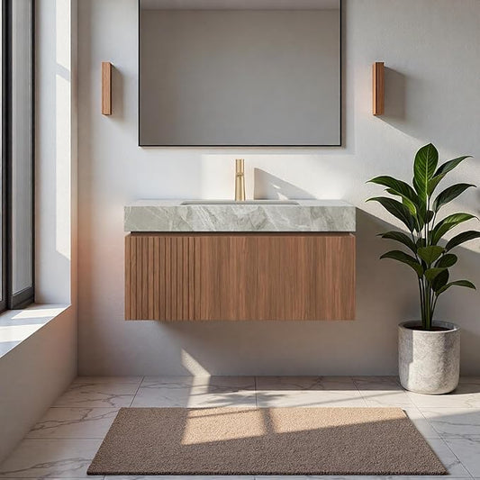 36" Bathroom Vanity with Sink, Wall-Mounted Plywood Bathroom Storage Cabinet with Ceramic Basin & Sintered Stone Countertop, Modern Pre-Assembled Floating Vanity with Drawer & Door, Brown Oak
