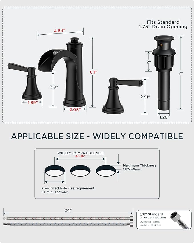 FORIOUS Black Bathroom Faucet 3 Hole, 2 Handle Brass 8 Inch Widespread Matte Black Bathroom Sink Faucet Waterfall with Pop-up Drain and CUPC Flexible Hoses, Vanity Tap 3 Holes