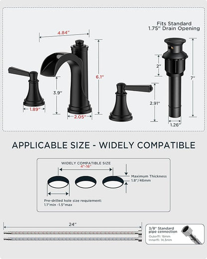 FORIOUS Black Bathroom Faucet 3 Hole, 2 Handle Brass 8 Inch Widespread Matte Black Bathroom Sink Faucet Waterfall with Pop-up Drain and CUPC Flexible Hoses, Vanity Tap 3 Holes