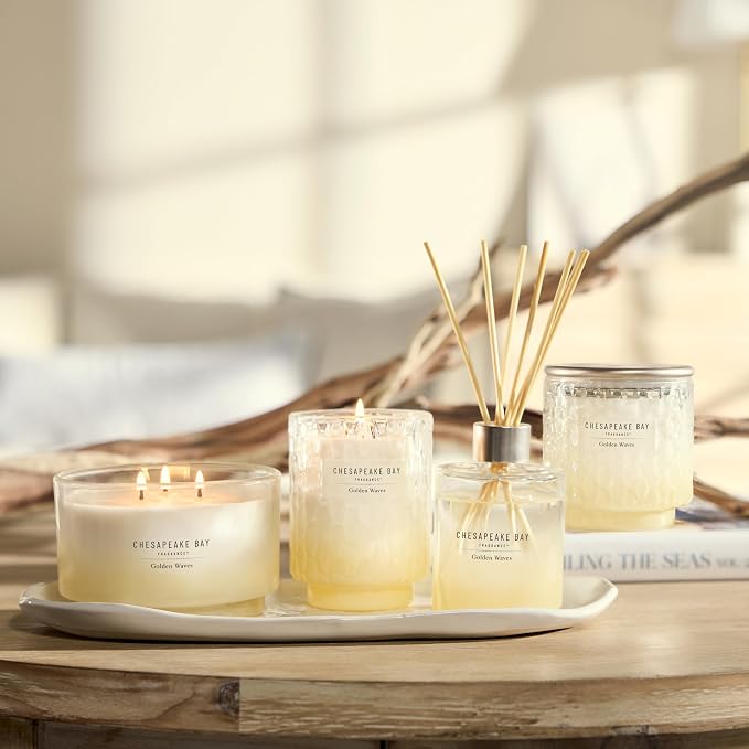 Chesapeake Bay, 8oz Golden Waves Scented Candle, Mood Evoking Fragrance, Textured Sea Glass-Inspired Jar, Premium Soy Blend Wax with Essential Oils, Coastal Fragrance for Home Décor or Gifting