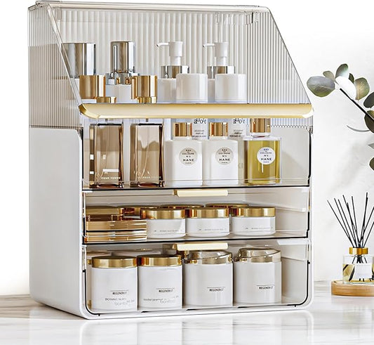 Makeup Organizer Countertop with Drawers & Lid, Skincare Organizer for Vanity, Large Cosmetic Organizer & Display Cases and Storage for Bathroom & Desktop. Perfect for Girl Women Mom Gifts