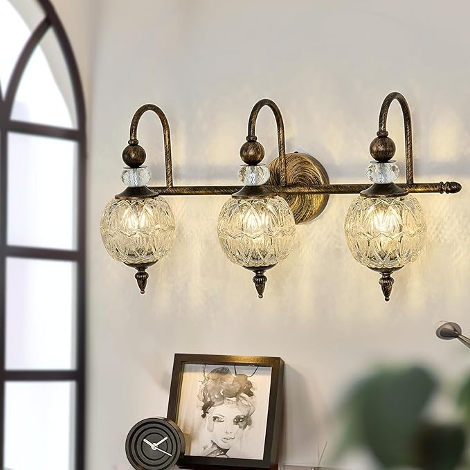 Vintage Bathroom Light Fixtures Bronze Vanity Light with Glass Globe LampShade 3 Lights Mid Century G9 Bulb Wall Sconce Indoor Vanity Light Over Mirror for Bedroom Farmhouse Hallway