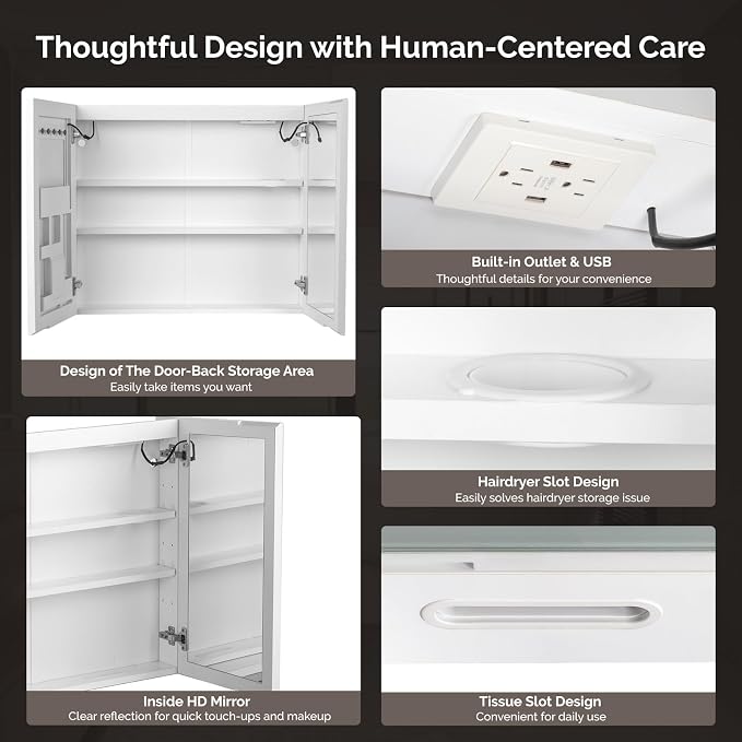 VINGLI Lighted Medicine Cabinet with Mirror Bathroom Mirror Medicine Cabinet Wall Mounted with Storage LED Lights Charging Station Defogger Modern Bathroom Mirrors for over Sink with Storage (32"*28")