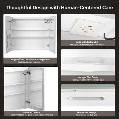 VINGLI Lighted Medicine Cabinet with Mirror Bathroom Mirror Medicine Cabinet Wall Mounted with Storage LED Lights Charging Station Defogger Modern Bathroom Mirrors for over Sink with Storage (32"*28")