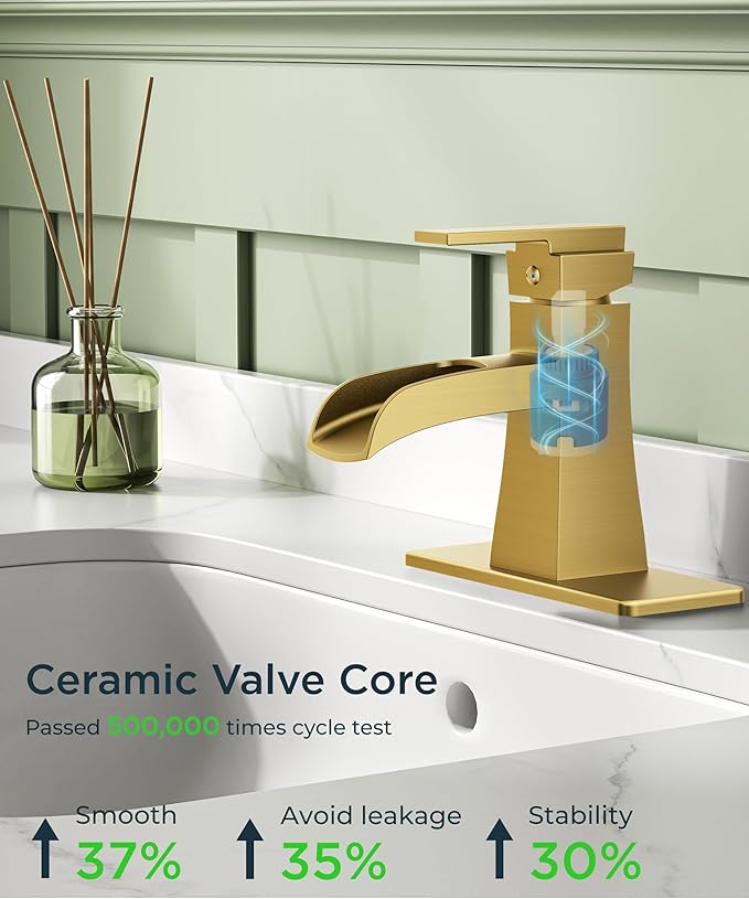 FORIOUS Brushed Gold Bathroom Faucet 1 Hole, Single Handle Waterfall Bathroom Faucets with Pop-Up Drain for Commercial, Vanity, Lavatory, Restroom, Farmhouse