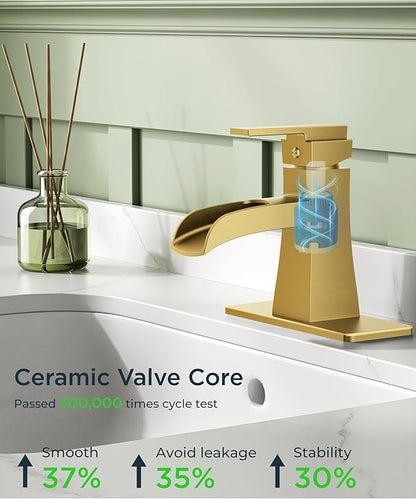 FORIOUS Brushed Gold Bathroom Faucet 1 Hole, Single Handle Waterfall Bathroom Faucets with Pop-Up Drain for Commercial, Vanity, Lavatory, Restroom, Farmhouse
