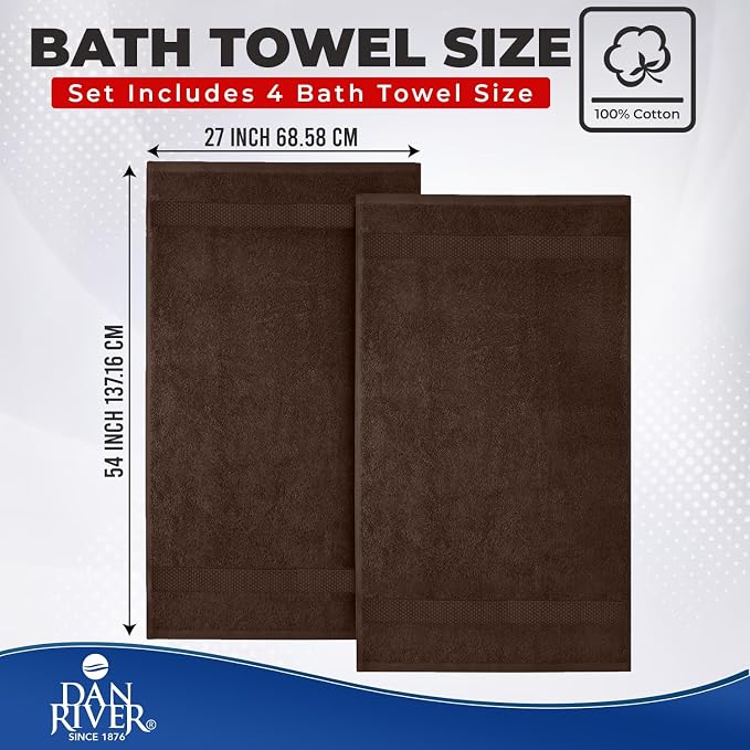 DAN RIVER 600 GSM Cotton Large Bath Towels Set of 4, 27 x 54 Inches, Brown | Larger & Lighter Weight Towels for Bathroom - Highly Absorbent & Quick Dry 100% Cotton Bath Towel Set for Home, Spa & Hotel