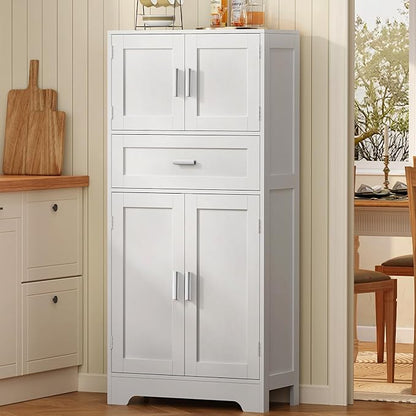 TEENFON Bathroom Storage Cabinet with Adjustable Shelf & Large Drawer | Tall Storage Cabinet with 4 Doors, Kitchen Pantry Storage Cabinets, for Living Room, Dining Room, Entryway, White