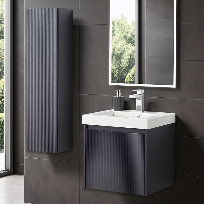 Blossom 20 Inch Bathroom Vanity with Sink and Side Cabinet, All Wood Floating Bathroom Vanity with Acrylic Sink, Bathroom Sink Cabinet with Soft-Close Drawer, Modern Style Vanities, Night Blue
