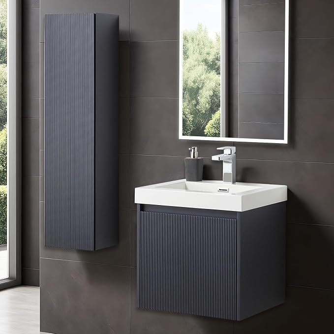 Blossom 20" Solid Wood Modern Floating Vanity - Designer Night Blue Small Bathroom Sink Cabinet with Extra Side Storage - Luxury Wall Mount Powder Room Vanity - Reinforced Acrylic Top - Soft-Close