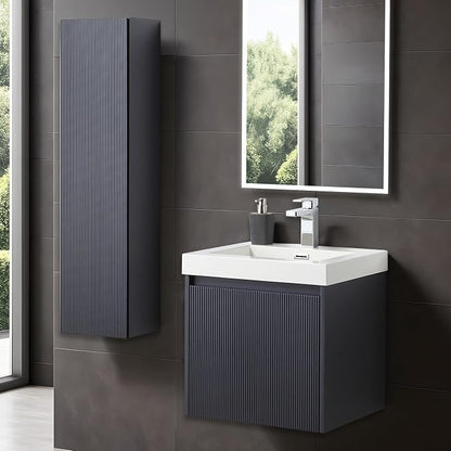 Blossom 20" Solid Wood Modern Floating Vanity - Designer Night Blue Small Bathroom Sink Cabinet with Extra Side Storage - Luxury Wall Mount Powder Room Vanity - Reinforced Acrylic Top - Soft-Close