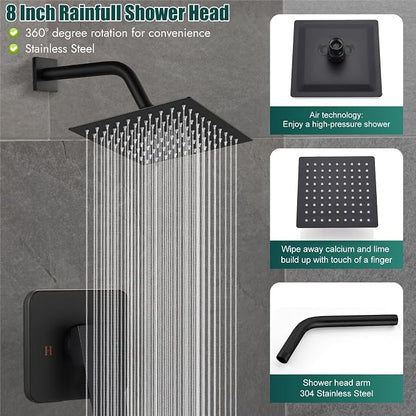Heyalan 8-Inch Square Rain Shower Faucet Set with Valve, Matte Black | SUS304 stainless steel shower head, male NPT 1/2-inch valve, single-handle control, adjustable angle, 1.8 GPM