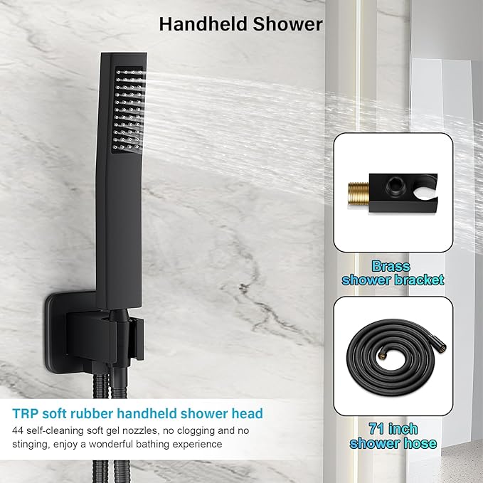 FPXRNG Shower Faucet Set Rainfall Shower System with Square Shower Head and Handle Set Rough-in Valve and Metal Trim Kit Included Matte Black 12 Inch Wall Mounted Shower Fixtures