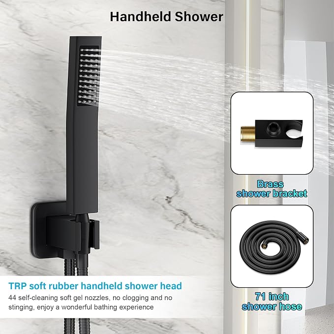 FPXRNG Shower Faucet Set Rainfall Shower System with Square Shower Head and Handle Set Rough-in Valve and Metal Trim Kit Included Matte Black 10 Inch Wall Mounted Shower Fixtures