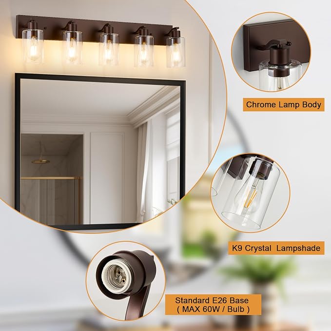 5 Lights Bathroom Light Fixtures Oil Rubbed Bronze Vanity Light with Clear Glass Shade 36in Modern Bathroom Lighting Fixtures Over Mirror for Bedroom/Living Room
