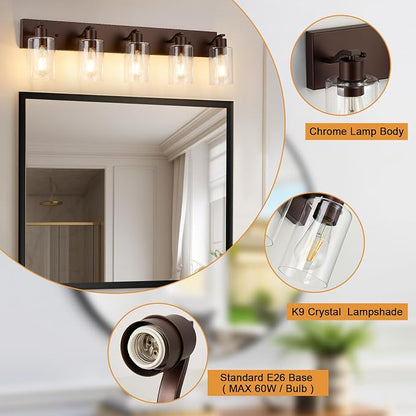 5 Lights Bathroom Light Fixtures Oil Rubbed Bronze Vanity Light with Clear Glass Shade 36in Modern Bathroom Lighting Fixtures Over Mirror for Bedroom/Living Room