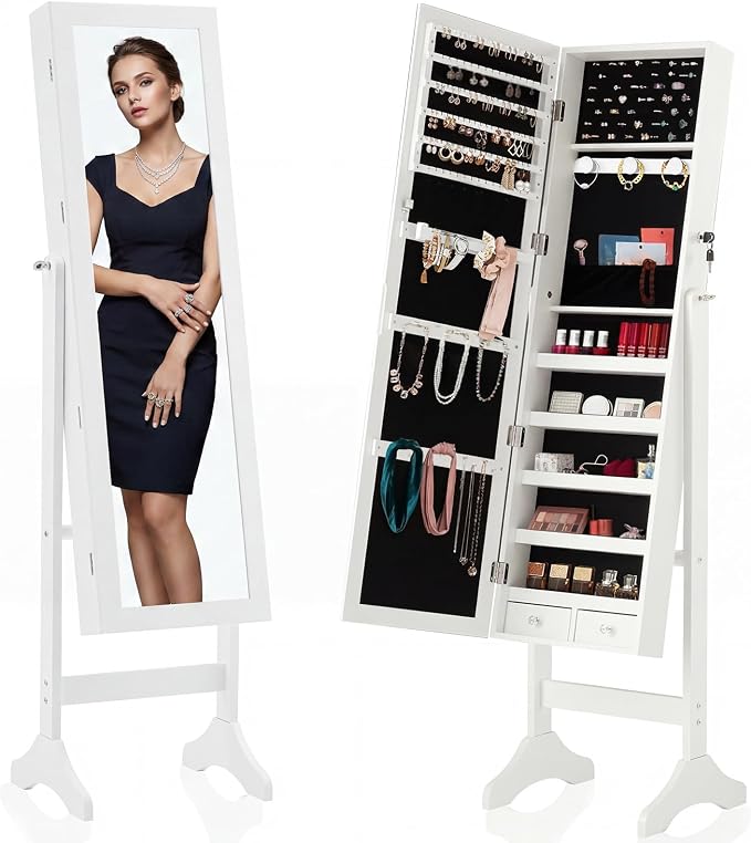 DUMOS Freestanding Jewelry Organizer Cabinet with Full Length Mirror | Standing Jewelry Armoire, Lockable, 47.3" Mirror with Storage, 2 Drawers, 3 Adjustable Angles (13°/23°/30°), White