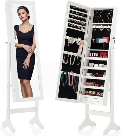 DUMOS Freestanding Jewelry Organizer Cabinet with Full Length Mirror | Standing Jewelry Armoire, Lockable, 47.3" Mirror with Storage, 2 Drawers, 3 Adjustable Angles (13°/23°/30°), White