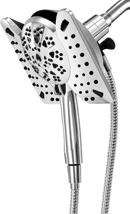 Shower Head with Handheld High Pressure, Rain Shower Head with Fixed Showerhead and 9 Sprays Handheld Shower, Detachable 2-IN-1 Shower head with 59" Rotatable Stainless Steel Hose (Chrome)