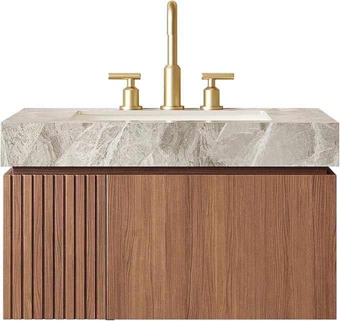 KEIKI 30 Inch Floating Bathroom Vanity with Sink, Modern Wall Mounted Storage Cabinet with Drawer, Pre-Assembled Waterproof Wood Panels, Sintered Stone Top & Ceramic Basin Combo Set, Brown Oak & Grey