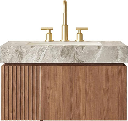 KEIKI 30 Inch Floating Bathroom Vanity with Sink, Modern Wall Mounted Storage Cabinet with Drawer, Pre-Assembled Waterproof Wood Panels, Sintered Stone Top & Ceramic Basin Combo Set, Brown Oak & Grey