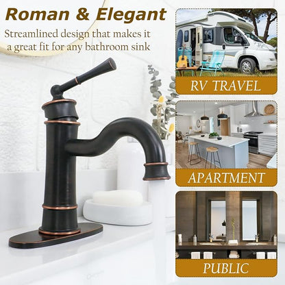 Roman Oil Rubbed Bronze Bathroom Sink Faucet, Single Hole Bathroom Faucet | Classic Brass Bathroom Faucet with Pop-up Drain and Hoses, RV & Outdoor Basins, for 1 or 3 Hole