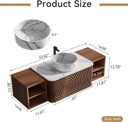 54" Floating Bathroom Vanity with Sink, Mid-Century Wall Mounted Bathroom Vanity Cabinet with Wood Waved Decor,Marble Ceramic Basin and Sintered Stone Top, Soft Close Drawer, 2 Side Open Cube