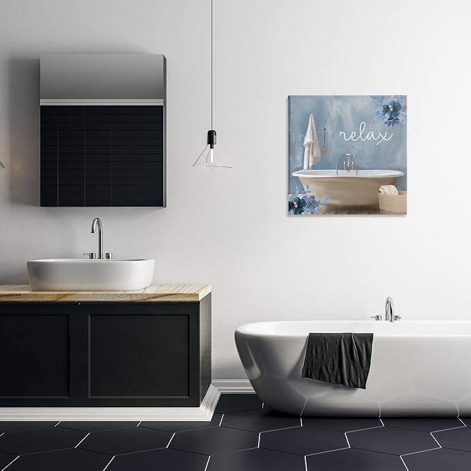 Blue Floral Bathroom Relaxation, 24 x 24 Inch Canvas Wall Art | Stupell Industries · By Kim Allen · Ready to hang · Calm bath and laundry decor · Made in USA