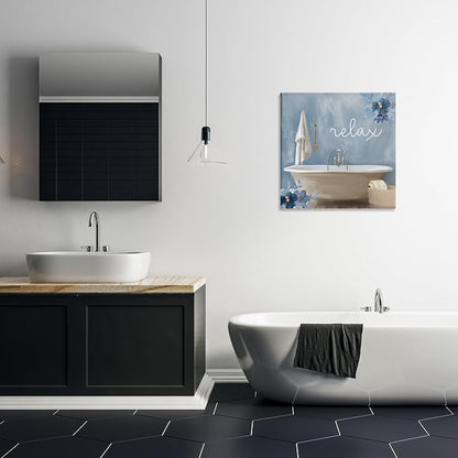 Blue Floral Bathroom Relaxation, 24 x 24 Inch Canvas Wall Art | Stupell Industries · By Kim Allen · Ready to hang · Calm bath and laundry decor · Made in USA