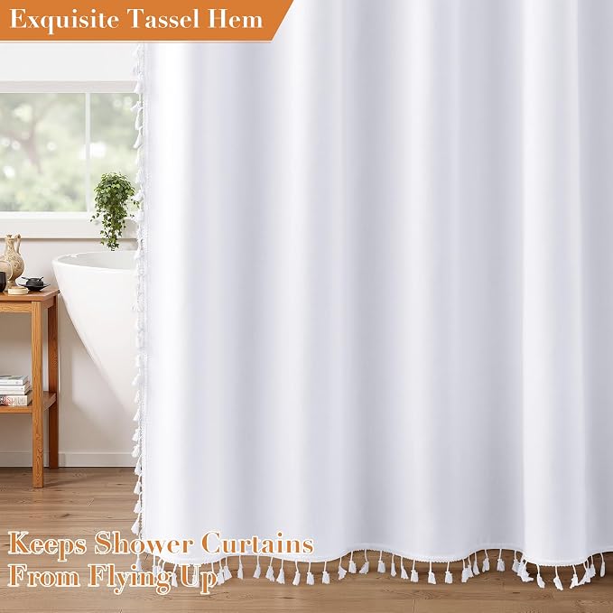 White Boho Linen Shower Curtain 78 Inch Long Textured Weighted Tassel Farmhouse Fabric Bath Curtain Set with Hooks Modern Rustic Hotel Style Decorative Shower Curtain for Bathroom 72x78