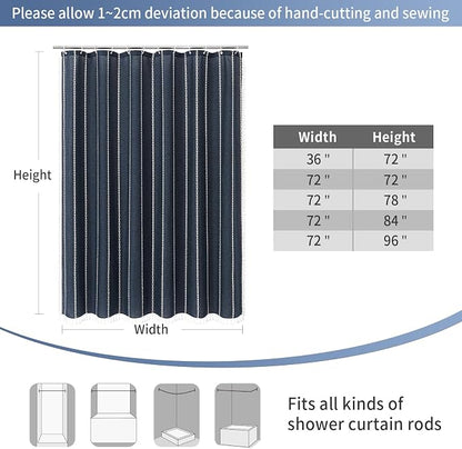 Boho Farmhouse Tassel Linen Shower Curtain,3D Embroidery Stripe Navy,72x72 | 310GSM Linen Texture Heavy Duty Cloth,Water Repellent,Wrinkle Resistant,Vintage Rustic Country design