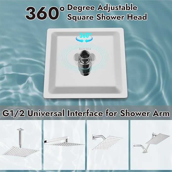 Midanya Square Rain Shower Head,High Pressure,Polish Chrome 6 Inch | 360°Swivel,Ceiling or Wall Mount,Waterfall Full Body Coverage,Bathroom Remodel,Stainless Steel Large Rainfall Shower Head