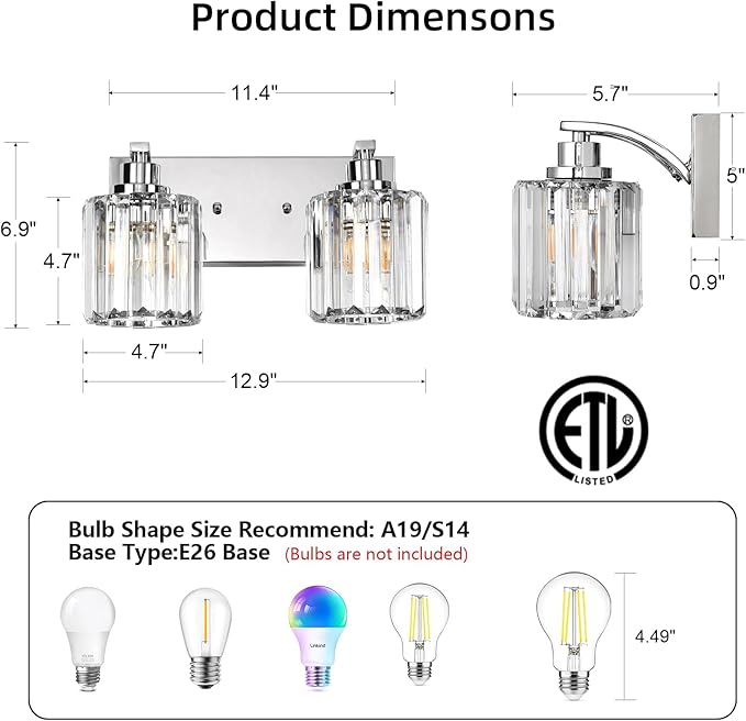 2 Lights Crystal Bathroom Vanity Light Modern Chrome Bathroom Light Fixture Bathroom Lighting Fixtures Over Mirror for Mirror E26 Base