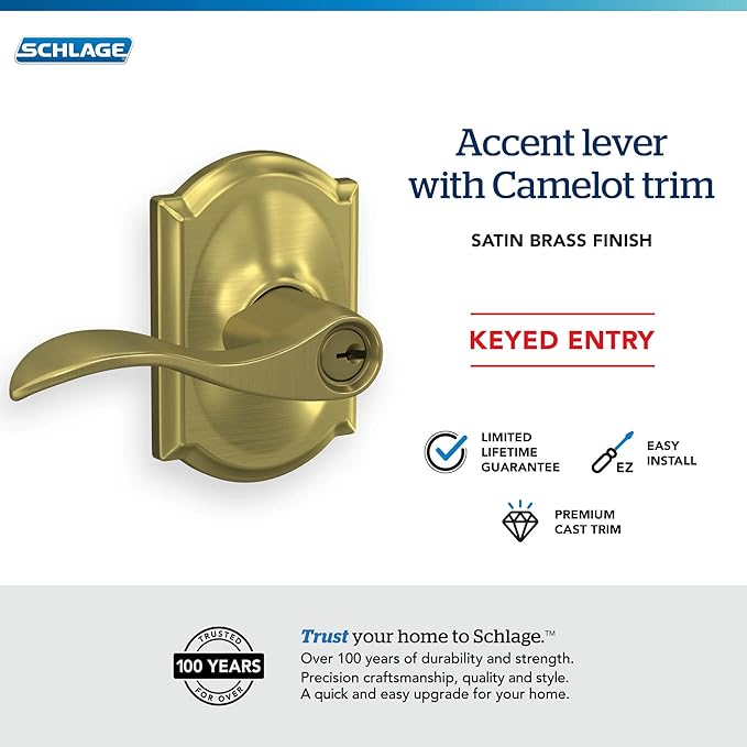 SCHLAGE Accent Lever with Camelot Trim Keyed Entry Lock in Satin Brass - F51A ACC 608 CAM
