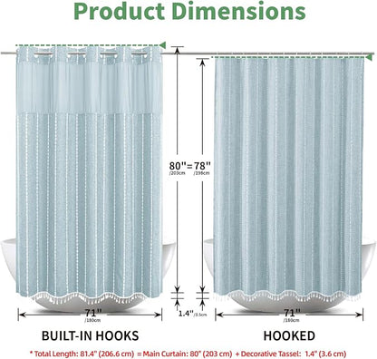 eachope Long No Hook Shower Curtain Set with Snap-in Liner,71x80,Fog Blue | 330GSM Thick Linen Textured Striped,Boho Farmhouse Rustic Luxury Bathroom Curtain with Tassels,Mesh Window,Water-Repellent